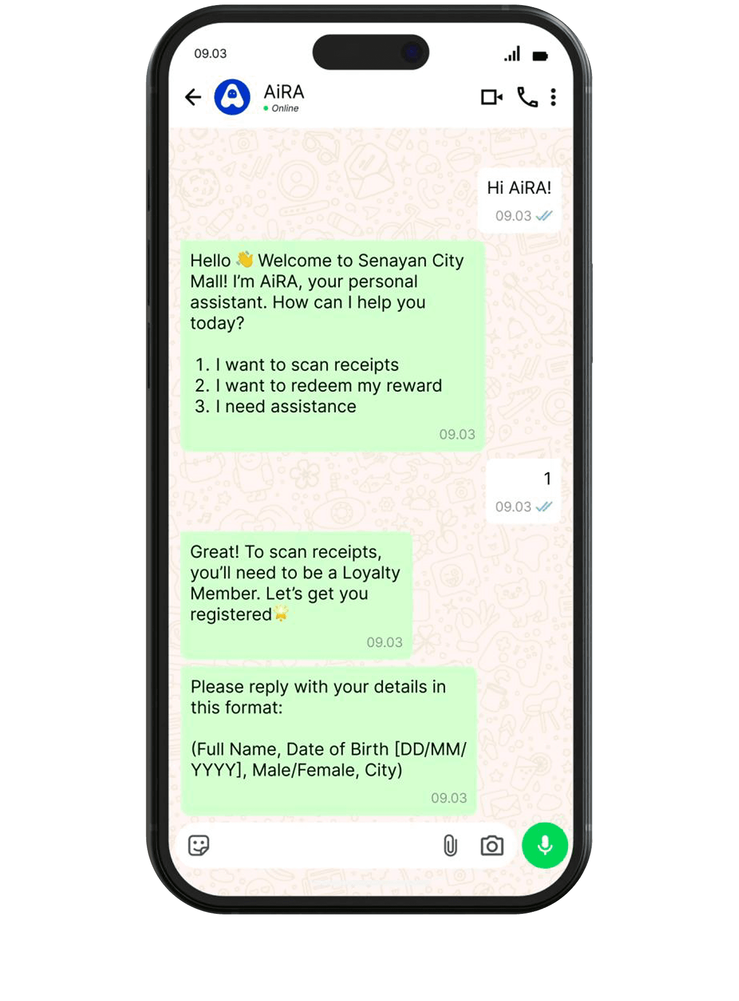AiRA WhatsApp conversation — scan branded qr code start